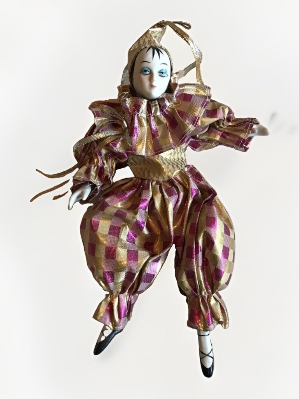 Vintage 1980s Porcelain Harlequin Jester Doll Gold Pink Checkered Mardi Gras